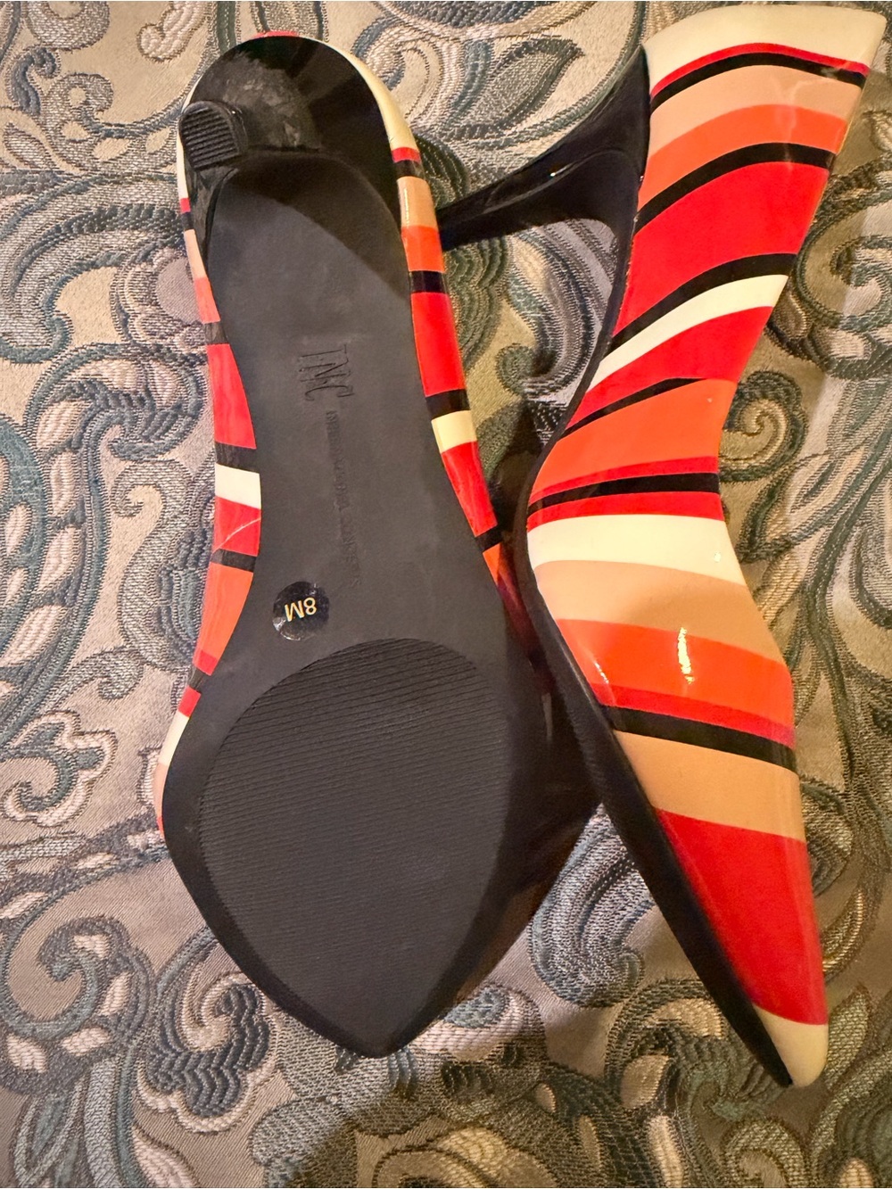 INC International Concepts Red, Orange, Cream & Black Striped Pointed-Toe Pumps - Picture 7 of 7